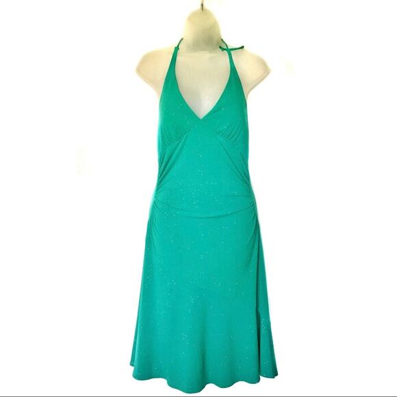 90s Backless Dress Vintage City Triangles Sparkly Green Halter Dress Sz L Junior - Picture 1 of 13